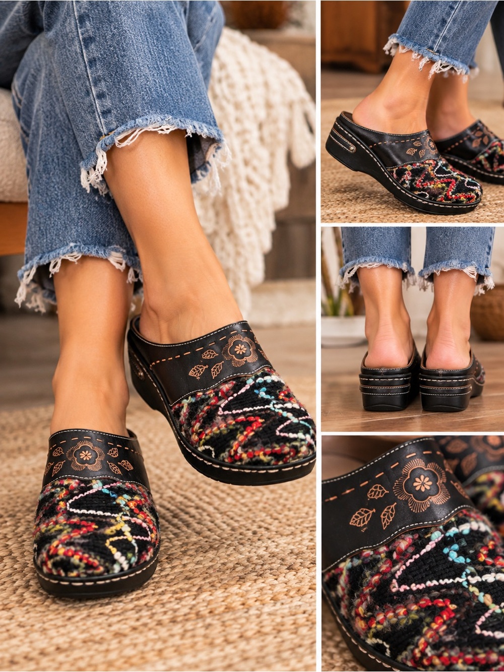 L’Artiste Spring Step Enigma Black Leather Embroidered Textile Clogs US 9